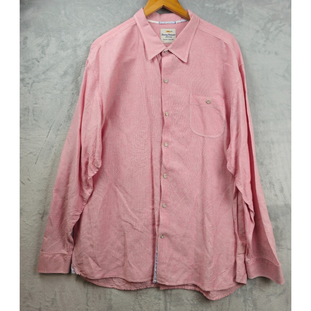 Tommy Bahama Mens Linen Blend Shirt 3XL Cranberry Red Micro Striped Beach Casual